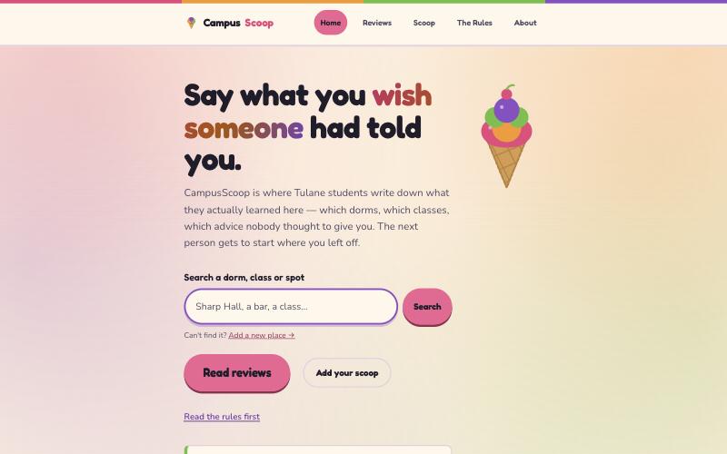 CampusScoop home page: Say what you wish someone had told you