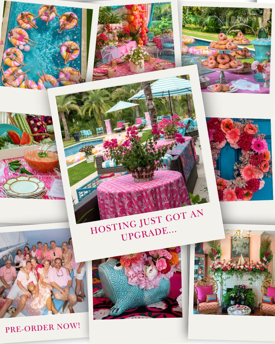 Watercolor illustration of a poolside garden party