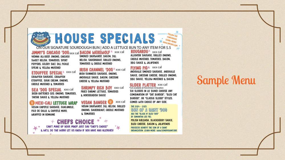Redesigned Dat Dog sample menu